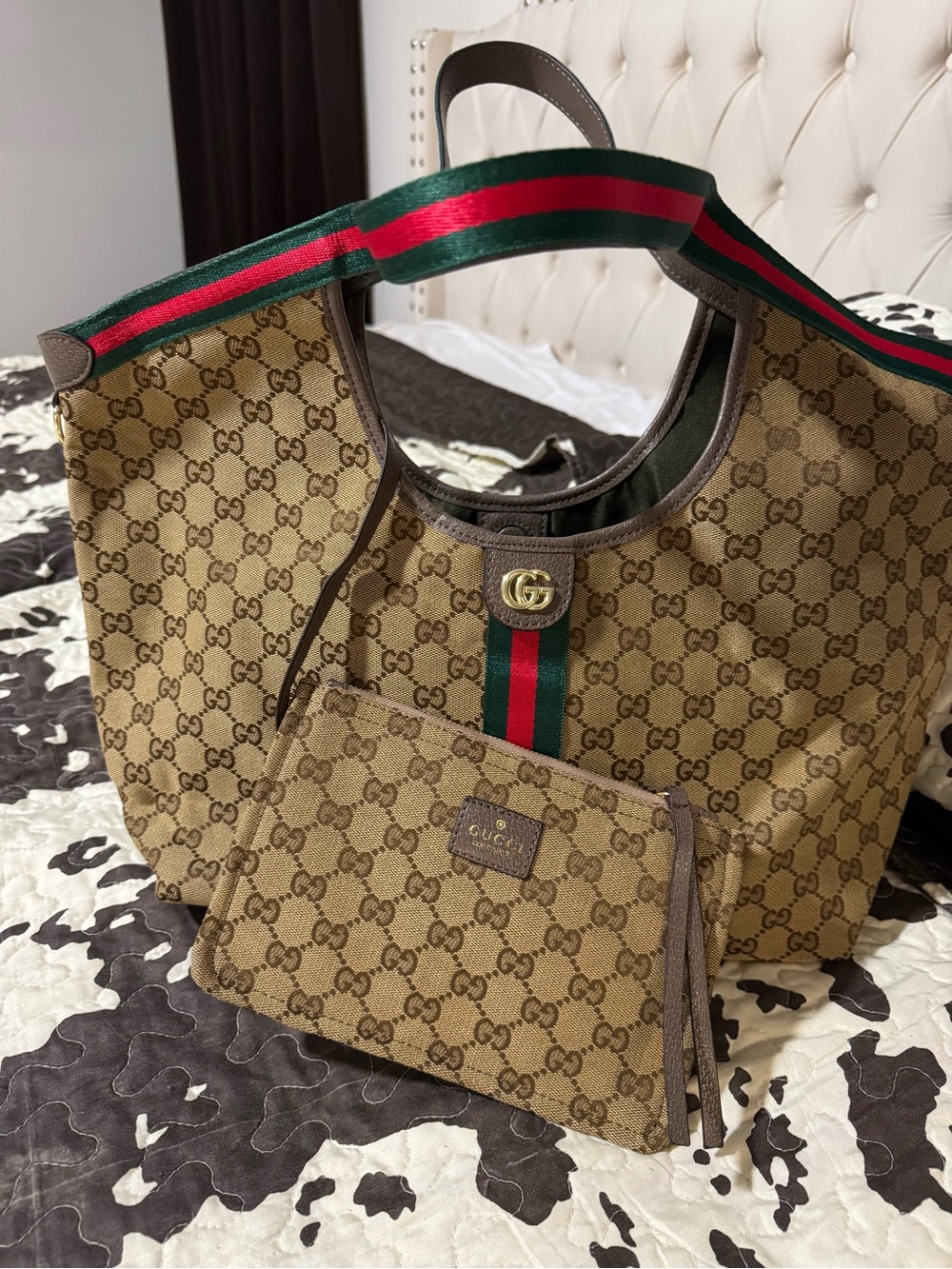 Beige Monogram Tote with Red & Green details